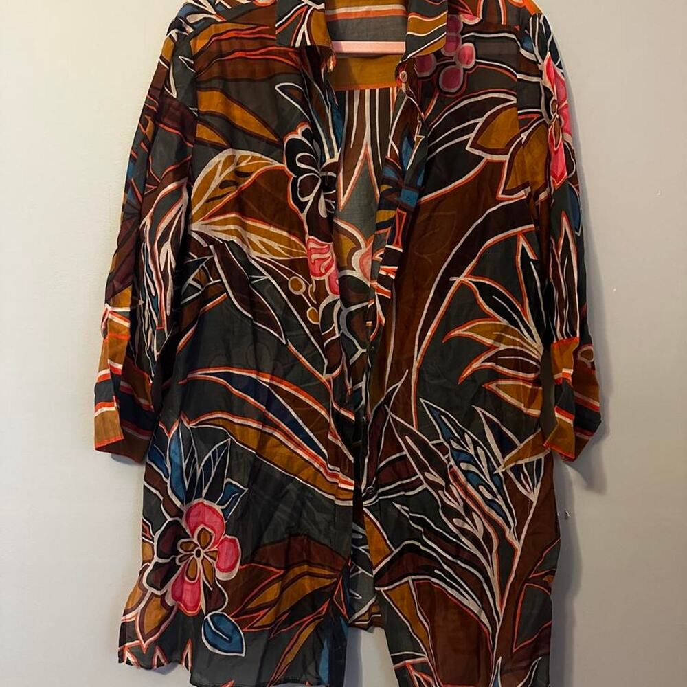 Elena Miro Abstract Floral Print Cotton Tunic Shirt Size 14 Boho 100% Cotton